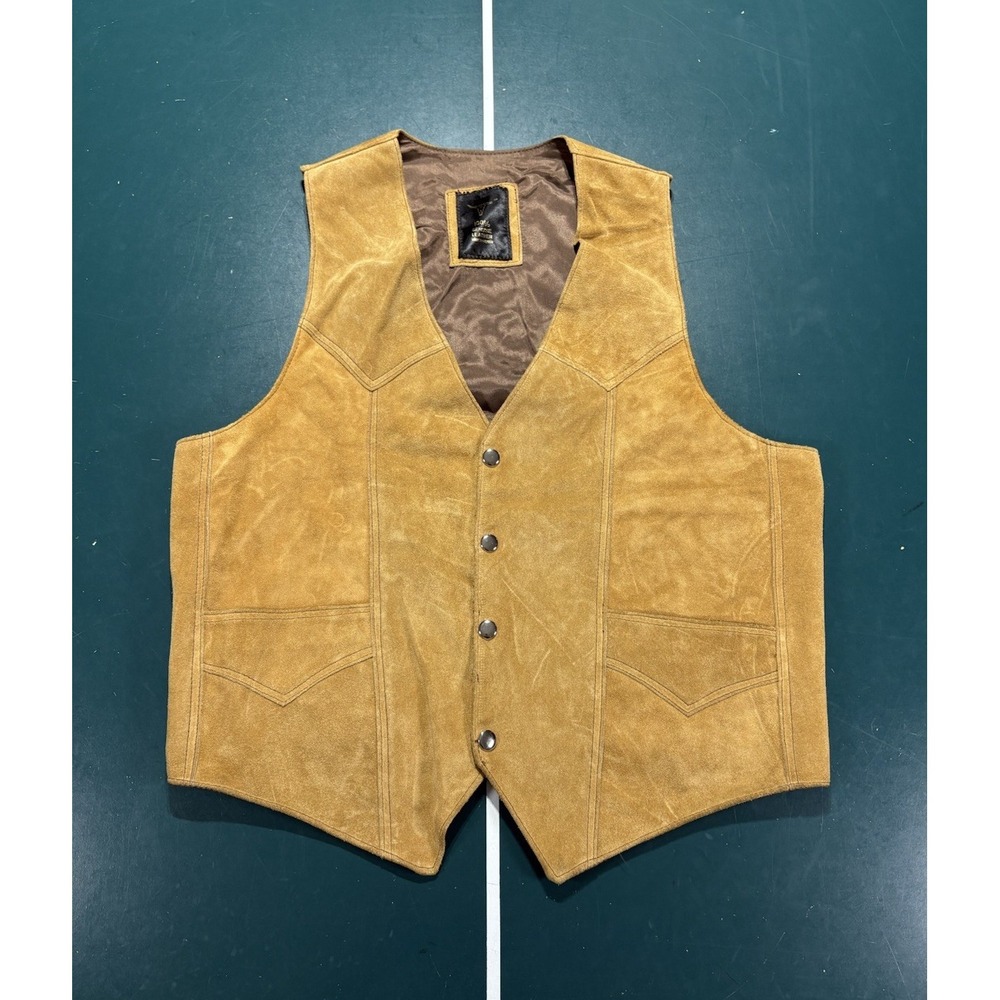 Vintage 70s Suede Leather Western Vest Men Large Cowboy Tan Brown Yoke Americana